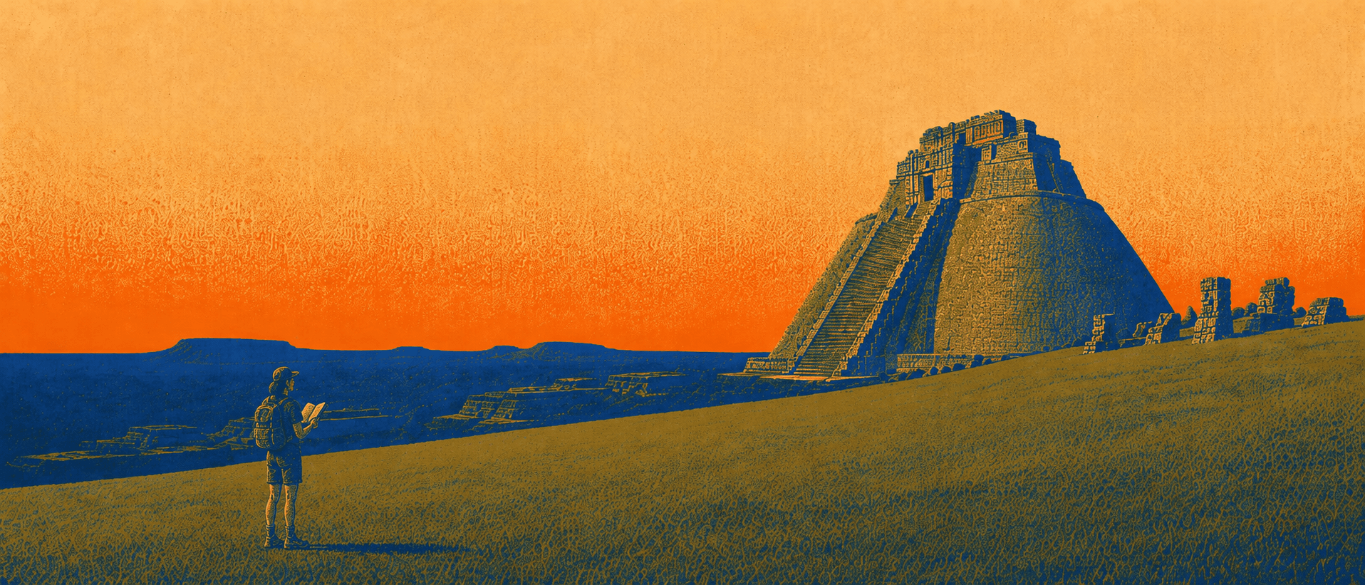 A wanderer with a map looks toward the Pyramid of the Magician at Uxmal under an orange sky