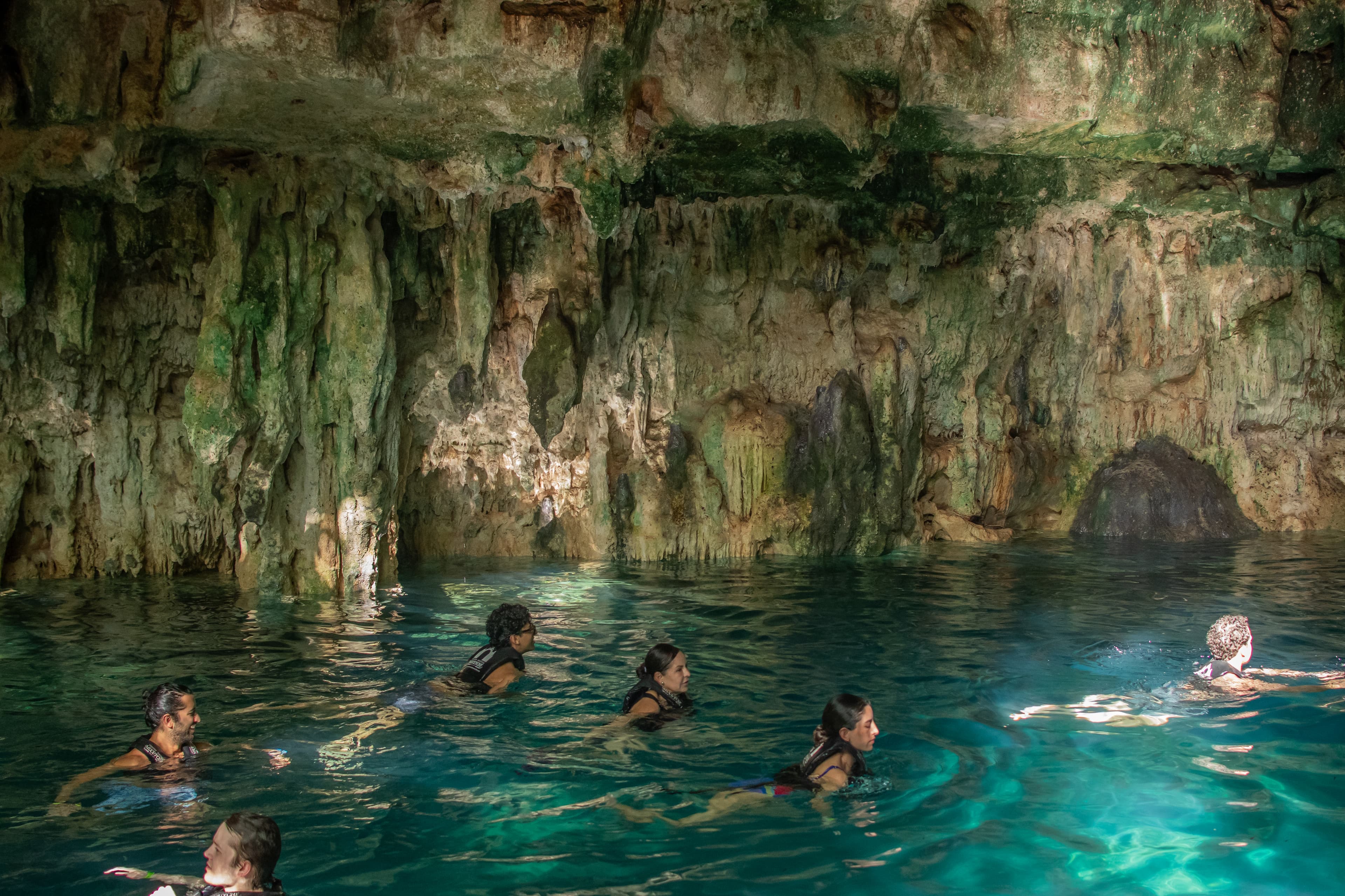 Clear cenote water framed by limestone and tropical vegetation