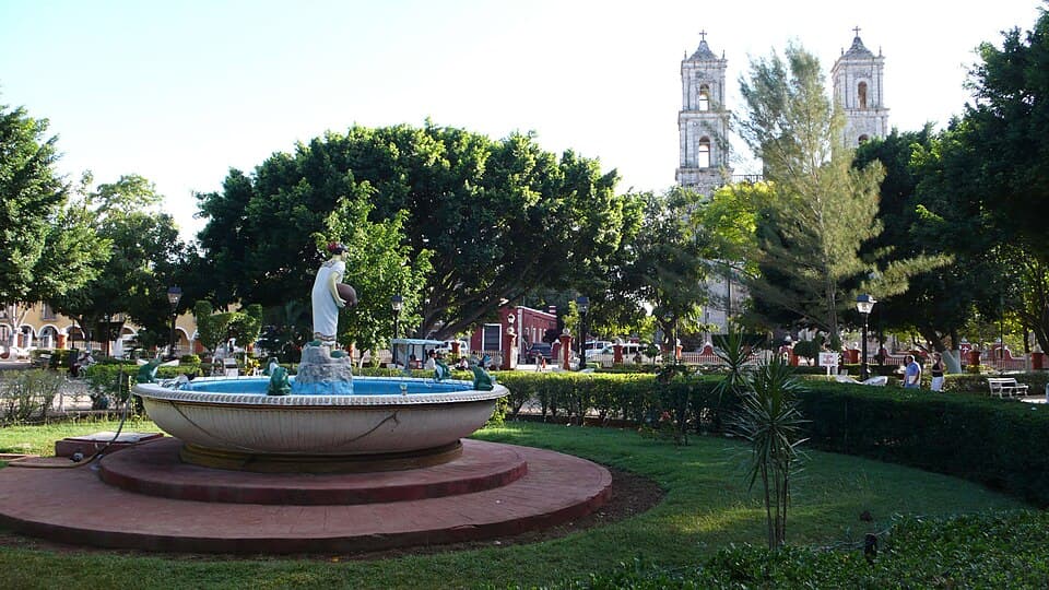 Valladolid's leafy main square and painted historic buildings